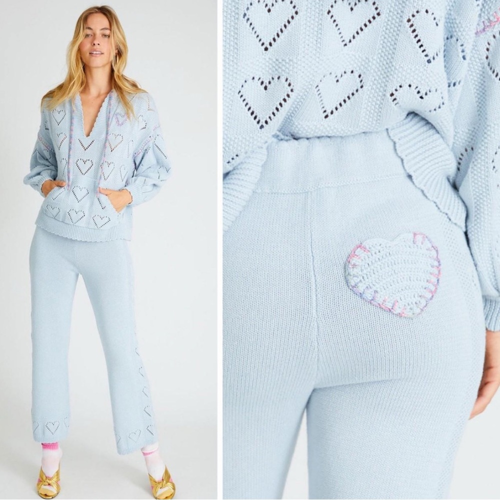 LoveShackFancy Blue Straight Leg Jumpsuit with Heart Embroidery